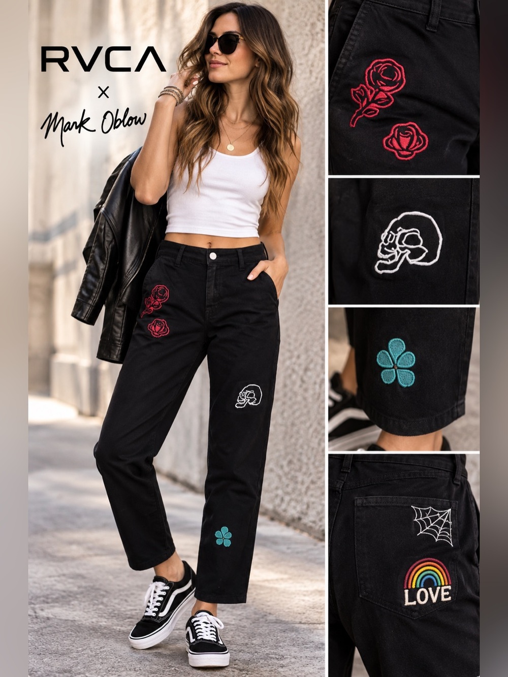 RVCA Mark Oblow Black Patched Embroidered Chino Pants Streetwear Ankle Size 27